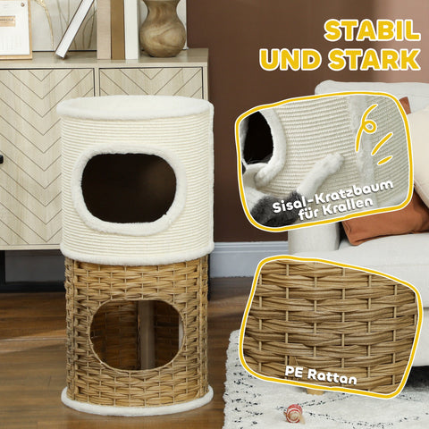 Rootz Three-Story Cat Tree - Cat Tower - Cat Climber - Enhances Home Décor - 80cm High x Ø40cm - White & Brown
