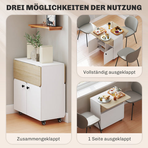 Rootz Folding Table Cabinet - Convertible Dining Table - Expandable Roller Cabinet - Space-Saving Design - 70 x 83 x 75cm - White + Brown