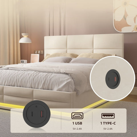 Rootz Modern Bed - Storage Bed - LED Bed - USB Charging - Velvet Comfort - 208.5cm x 144cm x 105-115cm