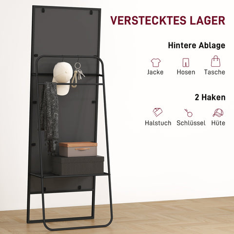 Rootz Full Body Mirror - Standing Mirror - Dressing Mirror - Industrial Design, Metal Frame, Black, 157 x 50 cm, Rear Shelf, 2 Hooks, Safe & Chic