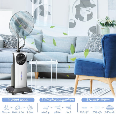 Rootz 2-in-1 Ventilator - Pedestal Fan - Mist Fan - Adjustable Mist Levels - Aromatherapy Compatible - Programmable Timer - Ø 44.5 x 135H cm - Silver + Black