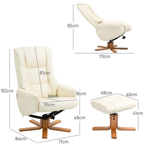 Rootz Relaxation Chair with Stool - TV Armchair - Recliner - Rocker Function - Faux Leather - Natural Wood Frame - Cream White - 71cm x 84cm x 102cm
