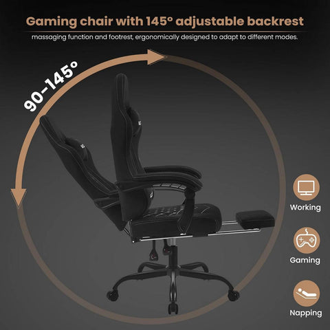 Rootz Massage Gaming Chair - Lumbar Support - Reclining Function - Ergonomic Design - Wide Padded Seat - 64cm x 127cm x 54cm