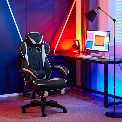 Rootz Gaming Chair with Footrest - Office Chair - Adjustable Reclining Seat - Ergonomic Design - Leathaire Fabric - 55cm x 51cm x 76.5cm