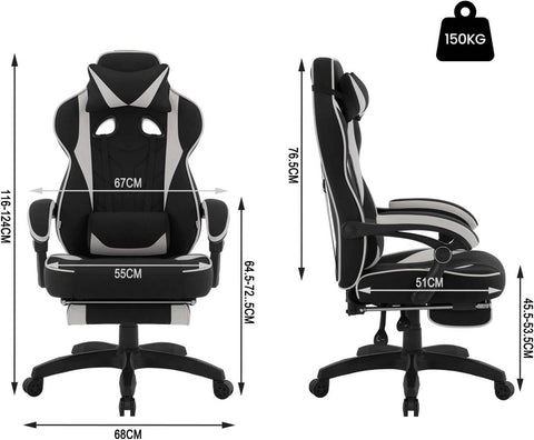 Rootz Gaming Chair with Footrest - Office Chair - Adjustable Reclining Seat - Ergonomic Design - Leathaire Fabric - 55cm x 51cm x 76.5cm