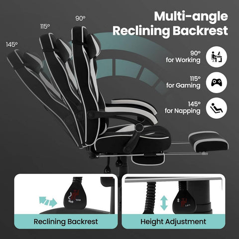 Rootz Gaming Chair with Footrest - Office Chair - Adjustable Reclining Seat - Ergonomic Design - Leathaire Fabric - 55cm x 51cm x 76.5cm