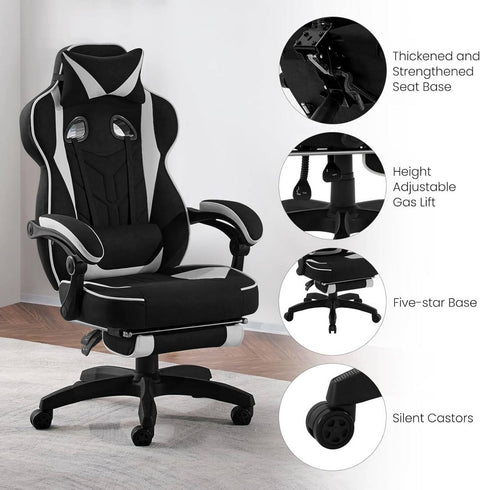 Rootz Gaming Chair with Footrest - Office Chair - Adjustable Reclining Seat - Ergonomic Design - Leathaire Fabric - 55cm x 51cm x 76.5cm