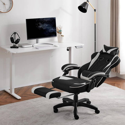 Rootz Gaming Chair with Footrest - Office Chair - Adjustable Reclining Seat - Ergonomic Design - Leathaire Fabric - 55cm x 51cm x 76.5cm