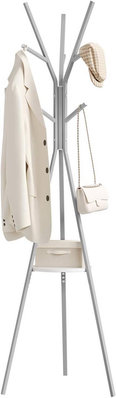 Rootz Freestanding Clothes Rack - Metal Cloakroom Stand - Hall Tree - Space-Saving Storage - 45.5x180x45.5cm with 9 Hooks & 1 Shelf Grey
