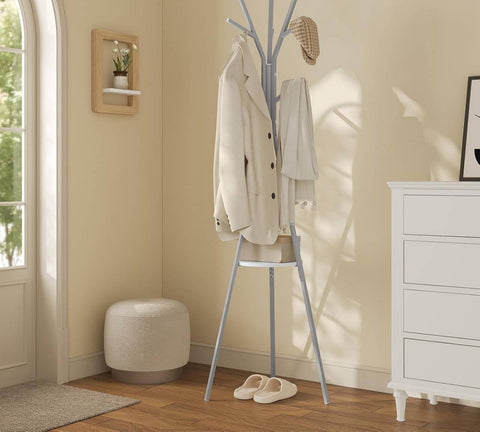 Rootz Freestanding Clothes Rack - Metal Cloakroom Stand - Hall Tree - Space-Saving Storage - 45.5x180x45.5cm with 9 Hooks & 1 Shelf Grey