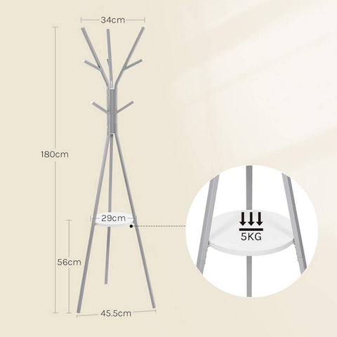 Rootz Freestanding Clothes Rack - Metal Cloakroom Stand - Hall Tree - Space-Saving Storage - 45.5x180x45.5cm with 9 Hooks & 1 Shelf Grey