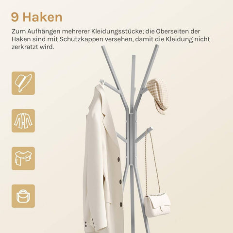 Rootz Freestanding Clothes Rack - Metal Cloakroom Stand - Hall Tree - Space-Saving Storage - 45.5x180x45.5cm with 9 Hooks & 1 Shelf Grey