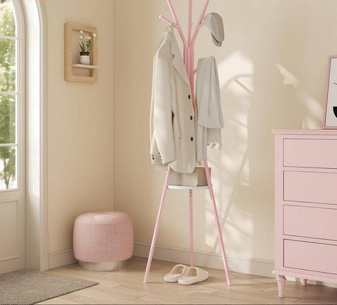 Rootz Pink Cloakroom Stand - Freestanding Clothes Rack - Metal Tree Form - 9 Hooks & Shelf - High Stability - 45.5x180x45.5 cm