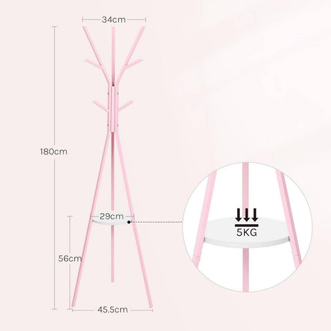 Rootz Pink Cloakroom Stand - Freestanding Clothes Rack - Metal Tree Form - 9 Hooks & Shelf - High Stability - 45.5x180x45.5 cm
