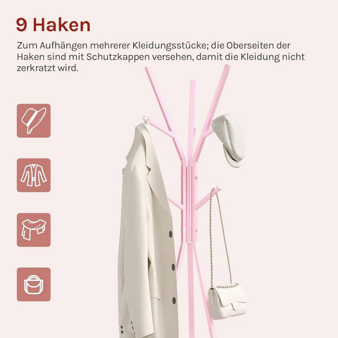 Rootz Pink Cloakroom Stand - Freestanding Clothes Rack - Metal Tree Form - 9 Hooks & Shelf - High Stability - 45.5x180x45.5 cm