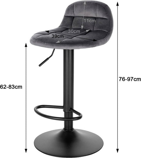 Rootz Velvet Bar Stool - Counter Stool - Adjustable Bar Chair - High-Density Foam Comfort - Sturdy Metal Frame - Flexible 360° Swivel - 76-97cm x 39cm x 30cm