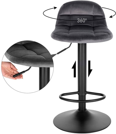 Rootz Velvet Bar Stool - Counter Stool - Adjustable Bar Chair - High-Density Foam Comfort - Sturdy Metal Frame - Flexible 360° Swivel - 76-97cm x 39cm x 30cm