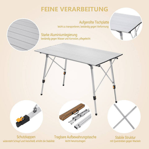 Rootz Aluminum Camping Table - Portable Folding Table - Adjustable Outdoor Table - Sturdy, Weather-Resistant, Lightweight - 68.5cm x 59-78.5cm x 120cm