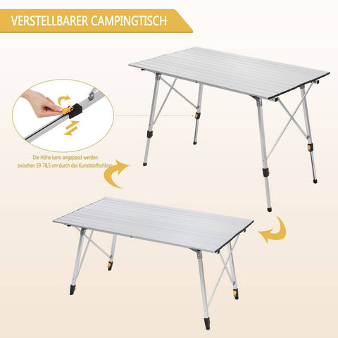 Rootz Aluminum Camping Table - Portable Folding Table - Adjustable Outdoor Table - Sturdy, Weather-Resistant, Lightweight - 68.5cm x 59-78.5cm x 120cm