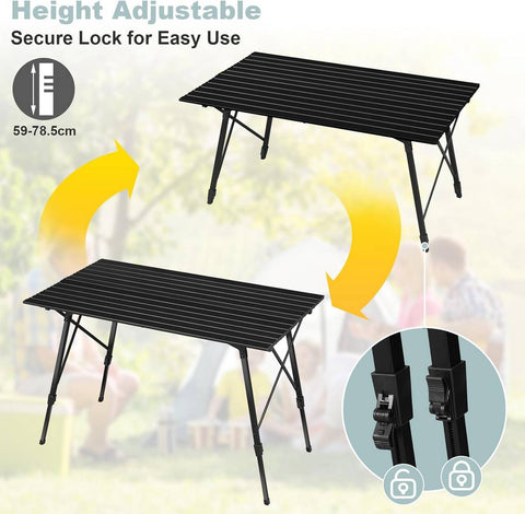 Rootz Aluminum Camping Table - Portable Folding Table - Adjustable Picnic Table - Weather-Resistant, Lightweight, Sturdy - 68.5cm x 59-78.5cm x 120cm
