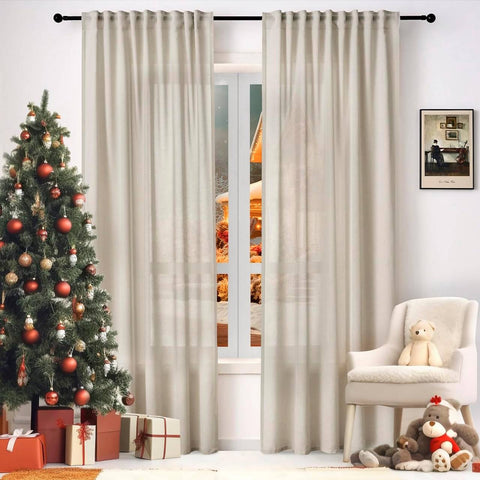 Rootz Curtains Set - Window Drapes - Linen Look Voile - UV Protection - 135x175cm - Brown Color - Semi-Transparent Polyester
