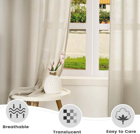 Rootz Curtains Set - Window Drapes - Linen Look Voile - UV Protection - 135x175cm - Brown Color - Semi-Transparent Polyester