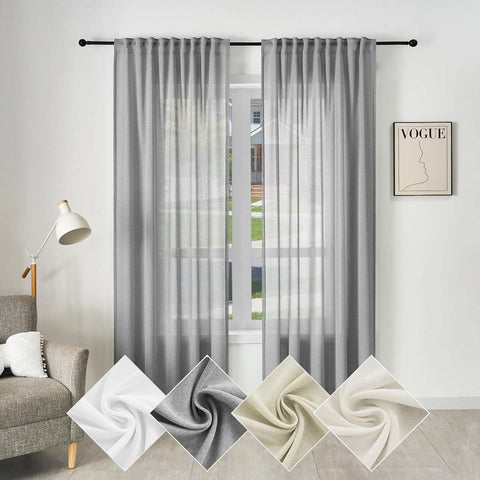 Rootz Gray Linen Look Curtain - Semi-Transparent Voile - Window Drapes - UV Protection - 135x245 cm - Polyester Fabric
