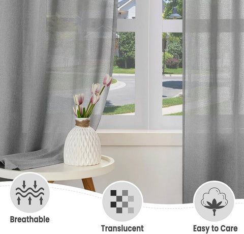 Rootz Curtain Set - Linen Look Drapes - Semi-Transparent Voile Curtains - UV Protection - Grey 2 Piece - 135cm x 175cm