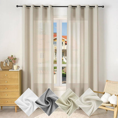 Rootz Eyelet Curtains - Linen Look Voile - Semi-Transparent Drapes - UV Protection - 135cm x 245cm - Elegant Decor Solution