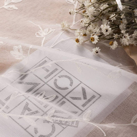 Rootz 2 Piece Set Curtains - Transparent Flower Embroidery Drapes - Linen Optics - Privacy Protection - 140 x 175 cm - White