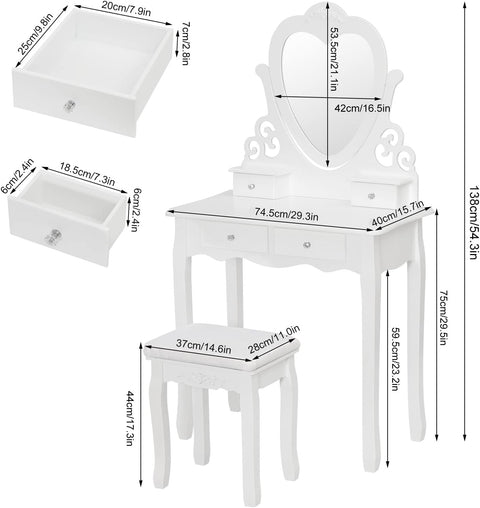 Rootz Elegante Witte Kaptafelset - Kaptafel - Make-upbureau - Voldoende opbergruimte - Duurzaam en vochtbestendig - Verstelbare spiegel - 74,5 cm x 138 cm x 40 cm