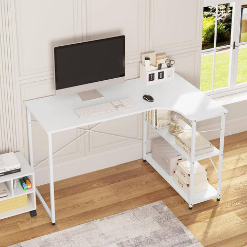 Rootz L-Shaped Corner Desk - Office Desk - Gaming Desk - Expansive Workspace - Ample Storage - Durable Construction - 120cm x 71.5cm x 74cm - White E1 Class Wood