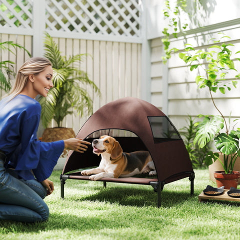 Rootz Outdoor Elevated Dog Bed - Canopy Lounger - Elevated Pet Cot - Sun Protection - 76cm x 61cm x 71cm - Brown