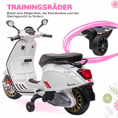 Rootz 6V Vespa Electric Motorcycle - Kids Ride-On Bike - Training Wheels - 3 km/h - 107cm x 47cm x 73cm