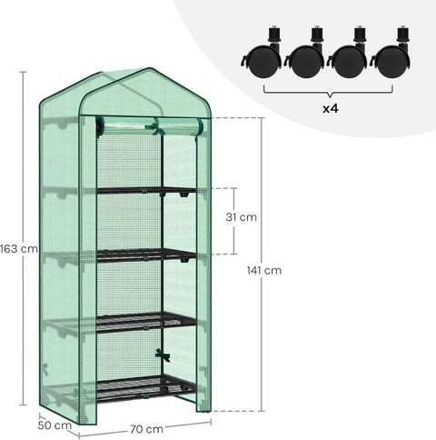 Rootz Greenhouse with Rollers - Foil Shelter - Plant Grow House - Protects from UV & Frost - 70x163x50cm, Green, Black