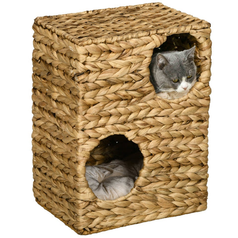 Rootz Cat Tower - Scratching Post - Three-Story Cat Condo - Washable Cushions - Natural Water Hyacinth - 40cm x 31cm x 55cm