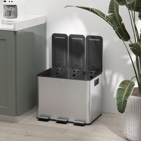 Rootz Trash Can 3 x 20L - Recycling Bin - Waste Separator - Odor Control - Soft Close, Removable, Silver, 61.9x36.6x56.7cm
