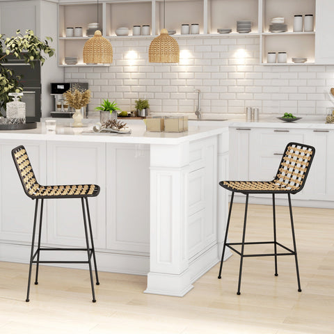 Rootz Lot de 2 Tabourets - Bar Stools - Bohemian Design - Comfort Seating - 43W x 51D x 88H cm - PE Rattan & Steel