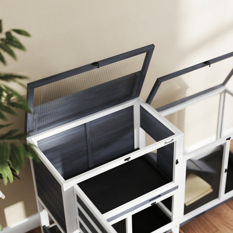 Rootz Rabbit Stable - Hutch - Bunny Enclosure - Easy Mobility - 147 x 45 x 89.5cm - Solid Wood, 2 Floors, Rollers, for 2-3 Rabbits