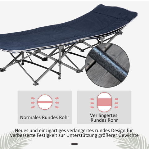 Rootz Foldable Camping Bed - Field Bed - Portable Resting Solution - Includes Pillow - 188 x 64.5 x 53 cm, Blue, Holds Up to 150 kg