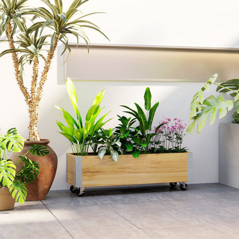 Rootz Rectangular Planter on Rolls - Plant Container - Rolling Planter - Optimal Drainage - 96 x 30.6 x 30 cm Natural Wood