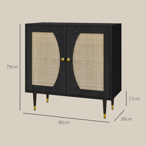 Rootz Boho Buffet Kitchen Storage - Rattan Cabinet - Double Doors Buffet - Ample Space - 80cm x 38cm x 79cm, Black & Brown