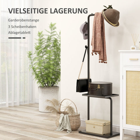 Rootz Coat Stand - Freestanding Coat Rack - Clothes Rail - 3 Hooks - Storage Compartment - Stable Steel Construction - Black - 45cm x 28cm x 148cm