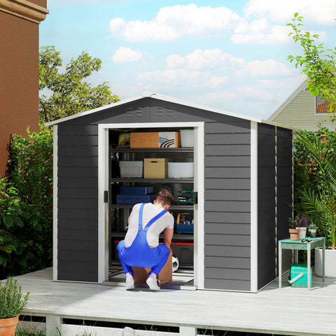 Rootz Metal Tool Shed - Weatherproof Storage, Outdoor Locker - Rustproof, Lockable, Secure - 240 x 206 x 198 cm - Grey, White