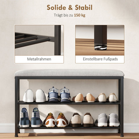 Rootz Shoe Bench with Seat - Shoe Rack - Entryway Bench - Storage Organizer - Padded, Comfy Seating, 81 x 31 x 50 cm, Black/Grey