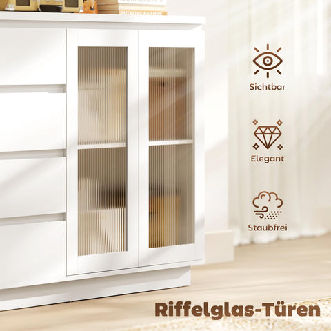 Rootz Buffet Cabinet Sideboard - Storage Cupboard - Display Unit - Silent Soft-Close, Organizes Dining Room - 120x40x91 cm, White, MDF, 4 Drawers, 2 Glass Doors