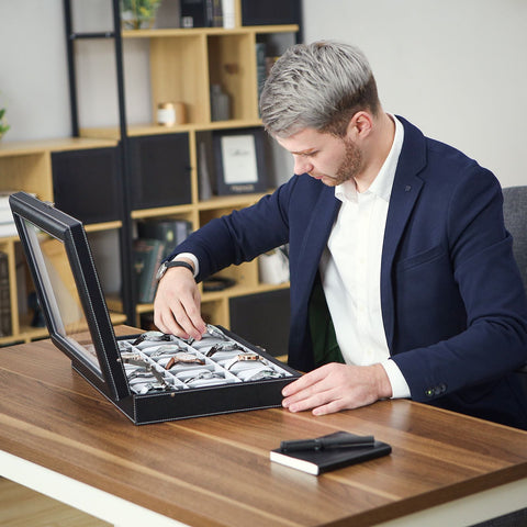 Rootz Large Watch Box - Timepiece Organizer - Jewelry Storage - Glass Window - Lockable - 35cm x 22cm x 8cm