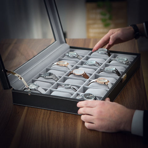 Rootz Large Watch Box - Timepiece Organizer - Jewelry Storage - Glass Window - Lockable - 35cm x 22cm x 8cm
