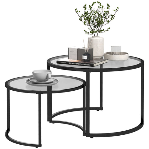 Rootz Set of 2 Side Tables - Industrial Design - Stackable Tables - Space-Saving - Durable & Easy to Clean - Stable Base - Ø70 x 47.5H cm (Large) & Ø54 x 42.5H cm (Small) - Steel & Tempered Glass