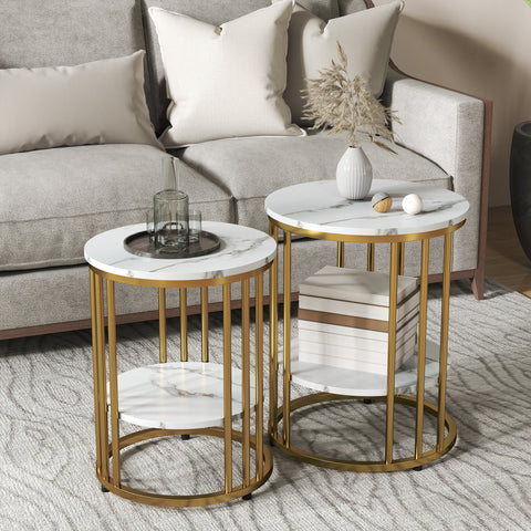 Rootz 2 Piece Set Round Side Table - Coffee Tables - Marble Look - Double Storage Space - Ø45 x 55H cm & Ø40 x 50.5H cm